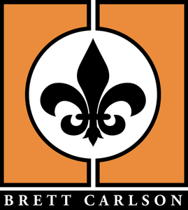 A logo for brett carlson with a fleur de lis in the center