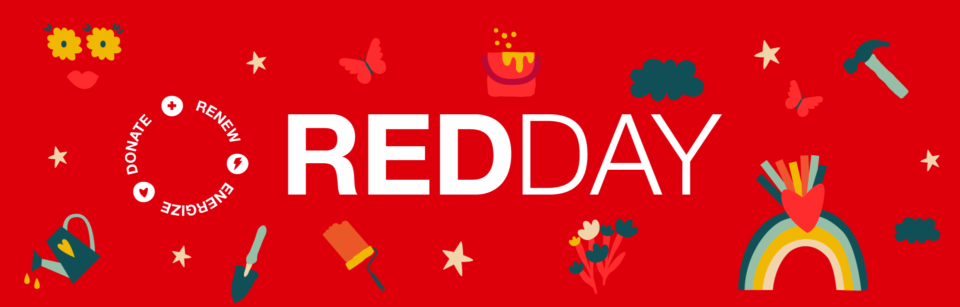 The word redday is on a red background with a rainbow.