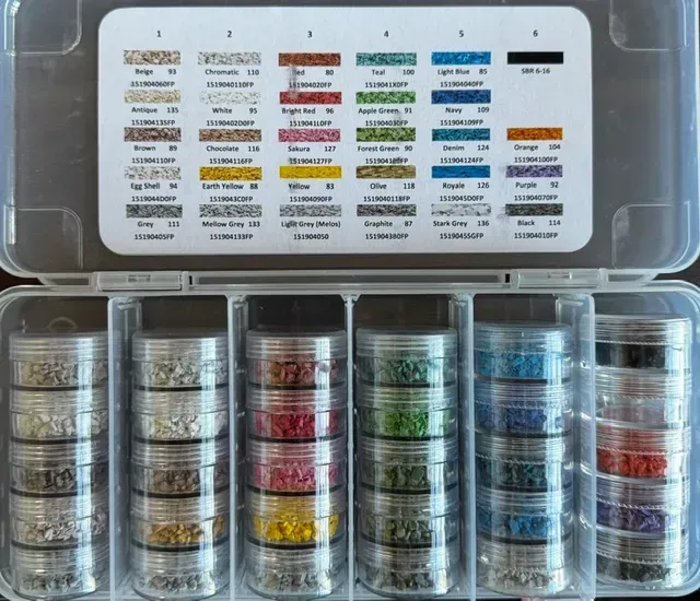 jars containing multi-colored rubber granules