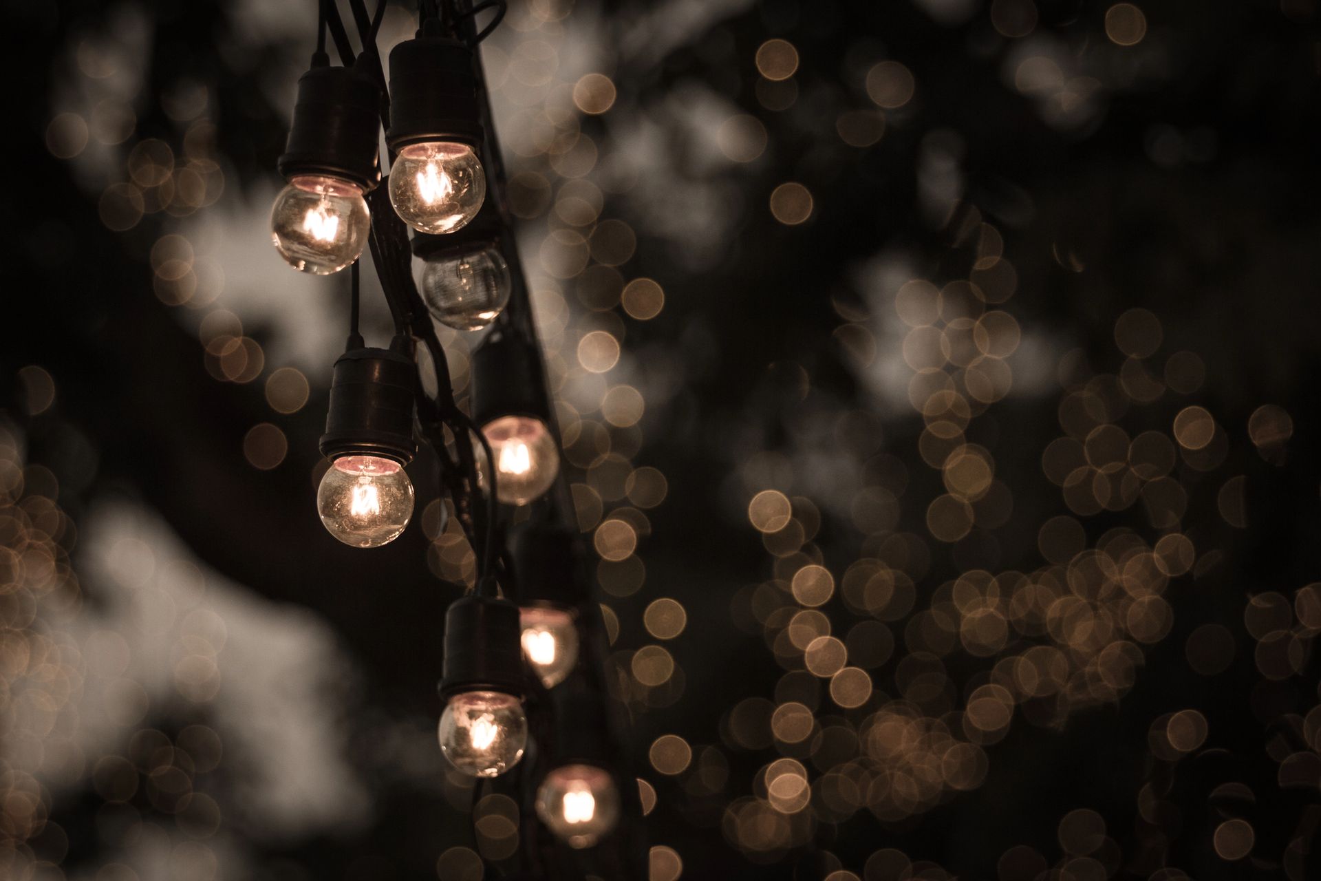 String lights with lit bulbs hanging in front of blurred background with bokeh lights.
