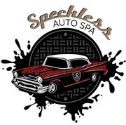 Speckles Auto Spa logo with a red classic car over a black splash graphic