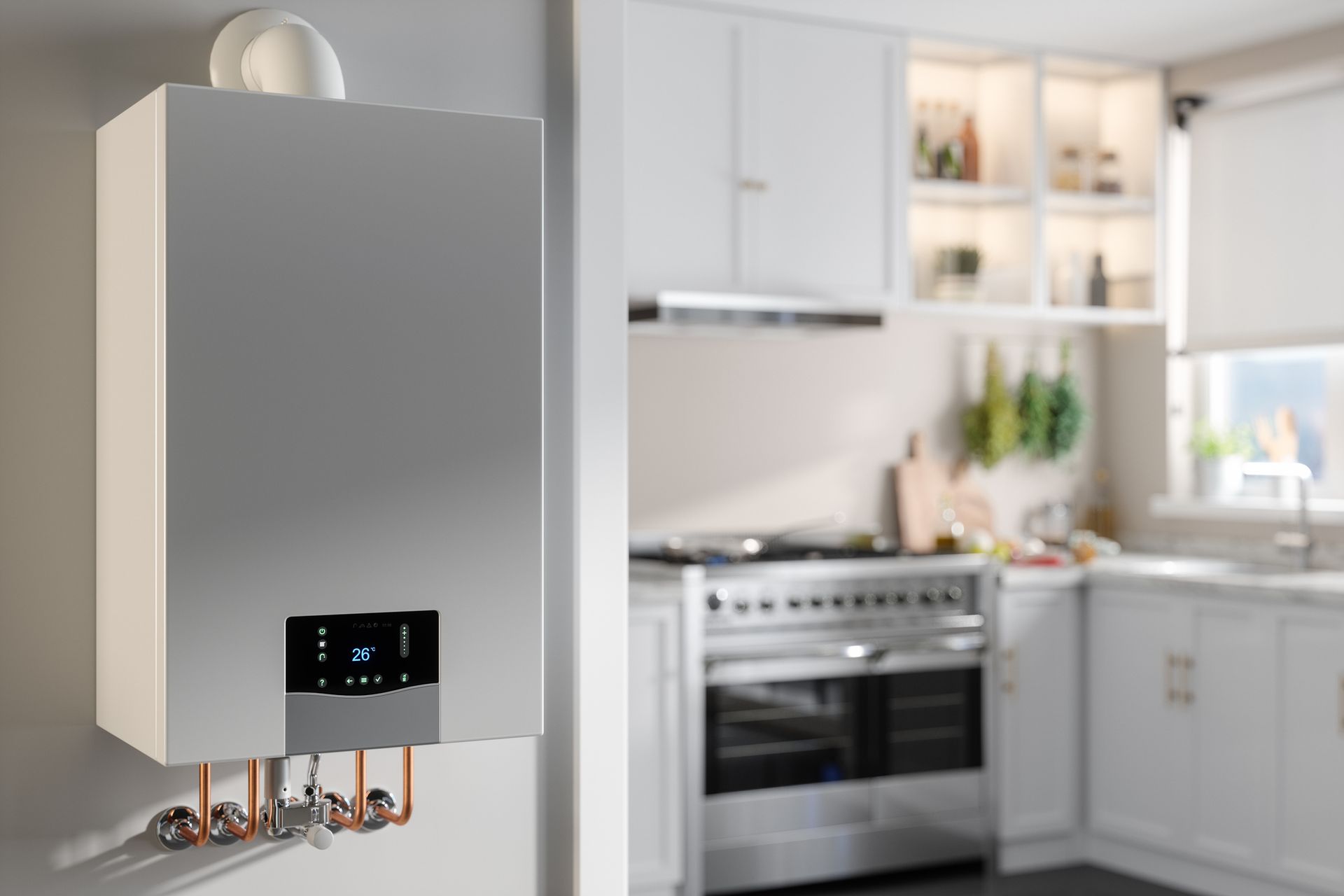 A boiler is hanging on a wall in a kitchen next to a stove.
