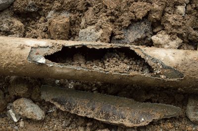 A rusty pipe with a hole in it is laying in the dirt.