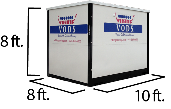 White VODS storage building illustration with 8 ft and 10 ft dimensions marked