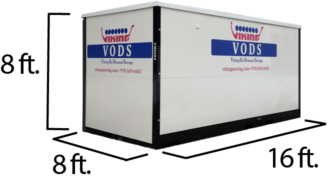 White VODS storage container labeled 16 ft by 8 ft by 8 ft.