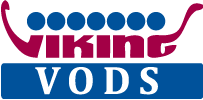 Viking VODS logo in red and blue with stylized dots and white lettering on a blue background