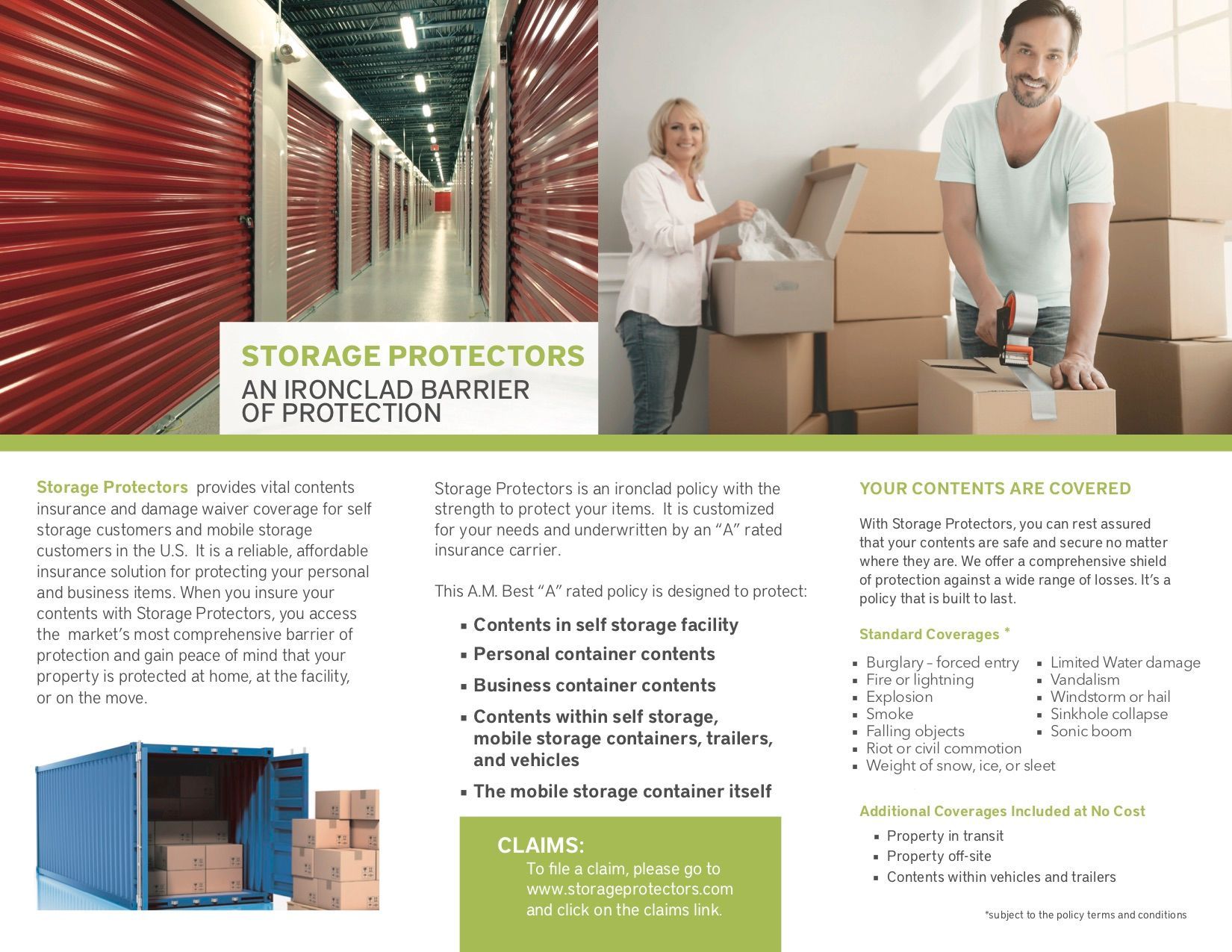 Storage unit protection brochure with red storage doors, moving boxes, and a family in a bright room