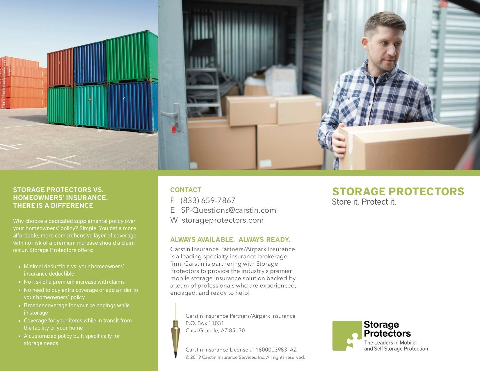 Promotional flyer for storage protectors, with containers, boxes, and a worker in a warehouse