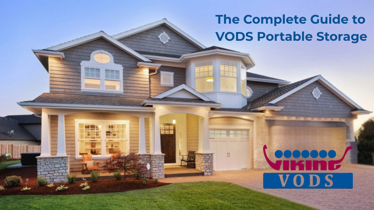 Suburban house at dusk with text “The Complete Guide to VODS Portable Storage” and VODS logo