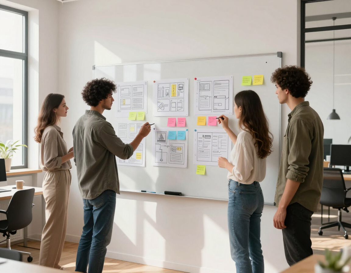 Web design team sketching wireframes on a whiteboard