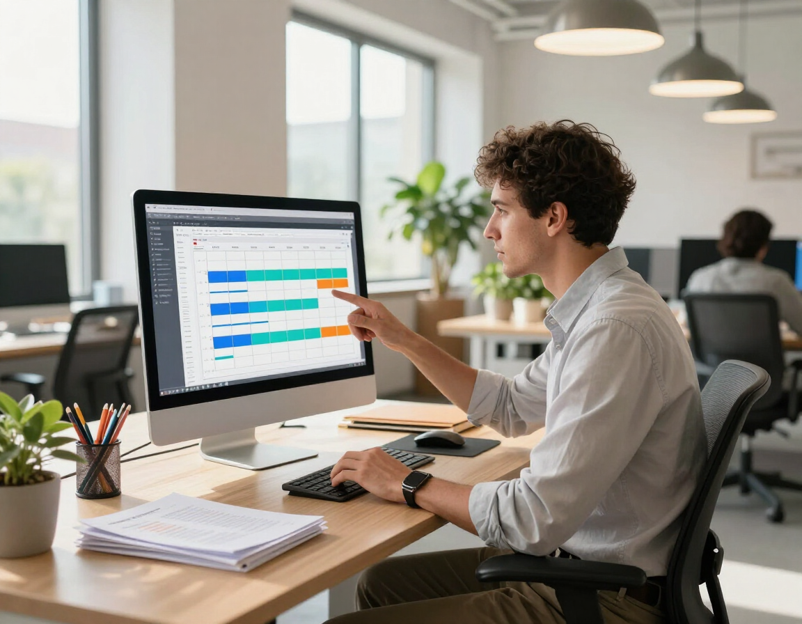 Marketing professional reviewing social content calendar
