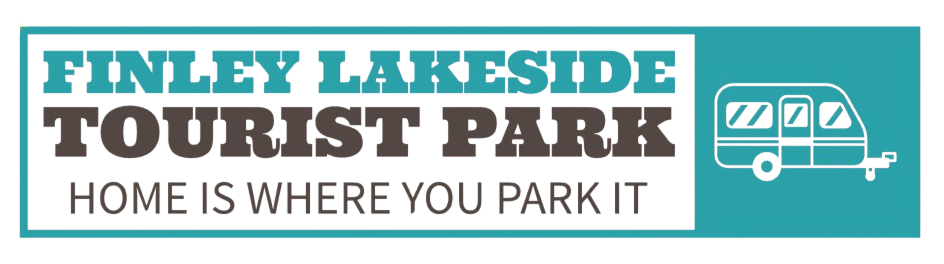 Finley Lakeside Tourist Park logo with teal camper icon and “Home is where you park it” slogan