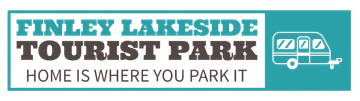 Finley Lakeside Tourist Park logo with teal camper icon and “Home is where you park it” slogan
