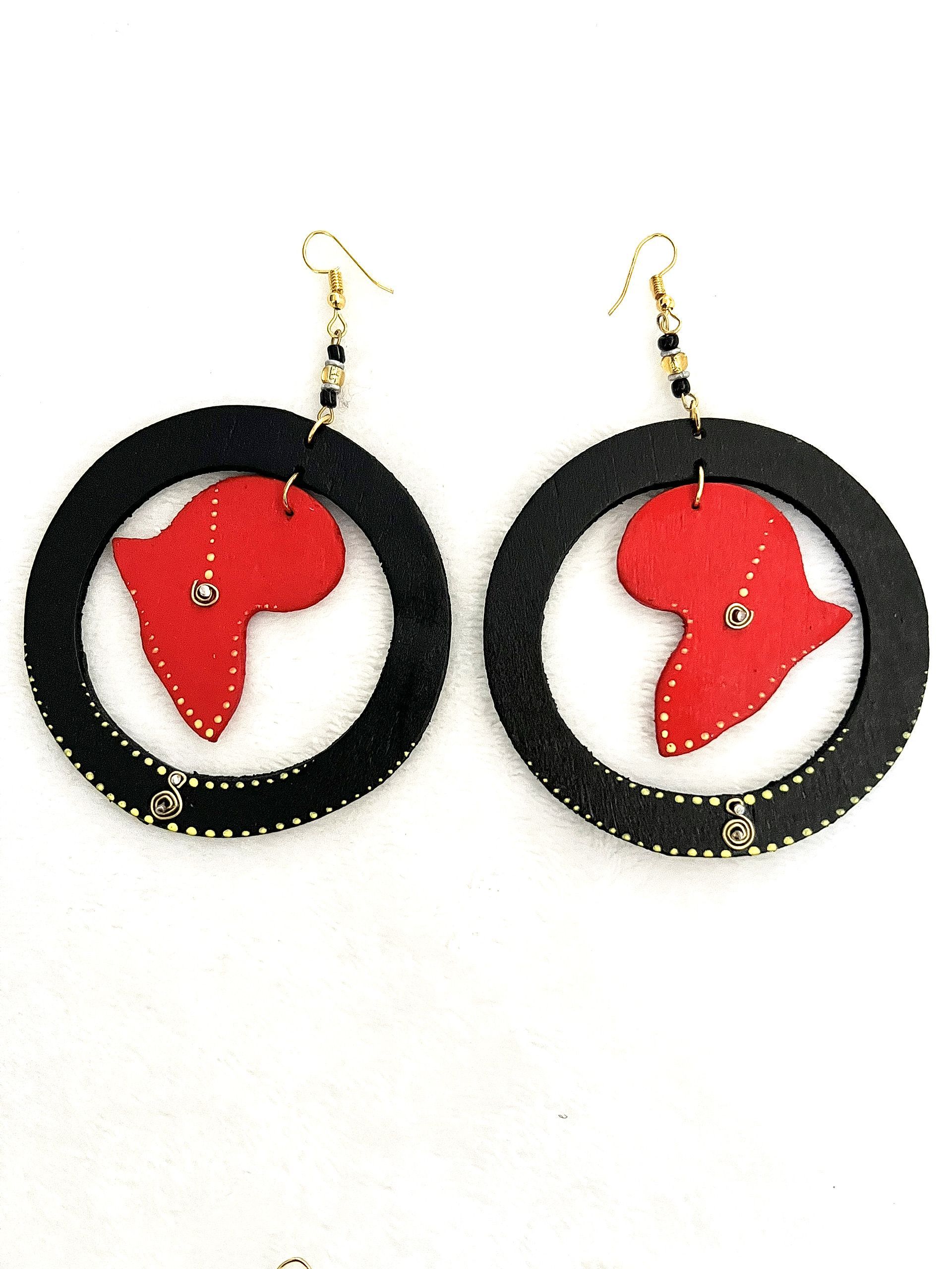 Black hoop earrings with a red African continent cutout inside.
