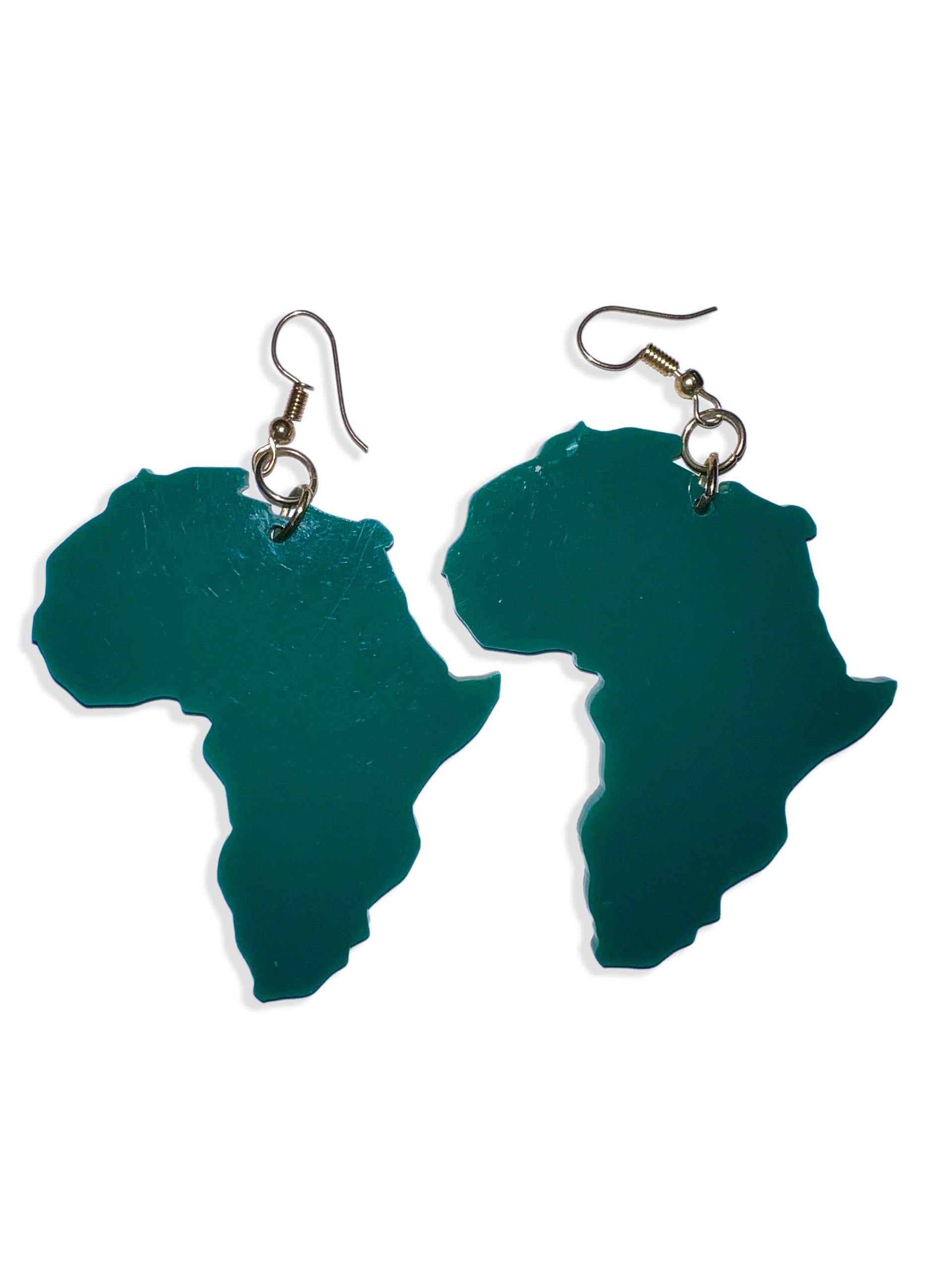 Teal Africa-shaped earrings with gold-colored hooks, hanging against a white background.