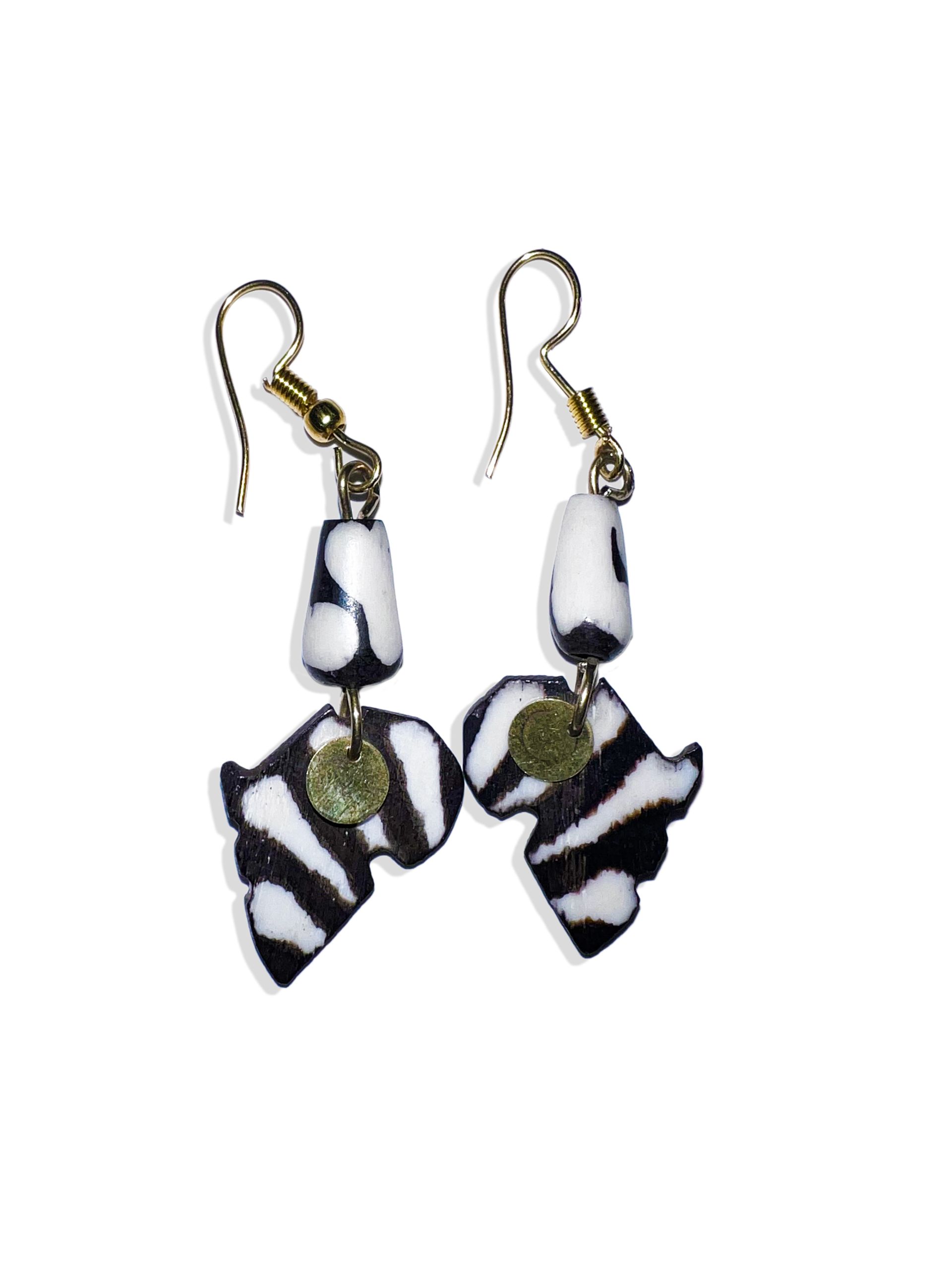 Zebra print Africa-shaped earrings with gold hooks and accents.