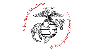 Advanced Machine & Equipment Services logo featuring the US Marine Corps emblem. Red text circles the emblem.