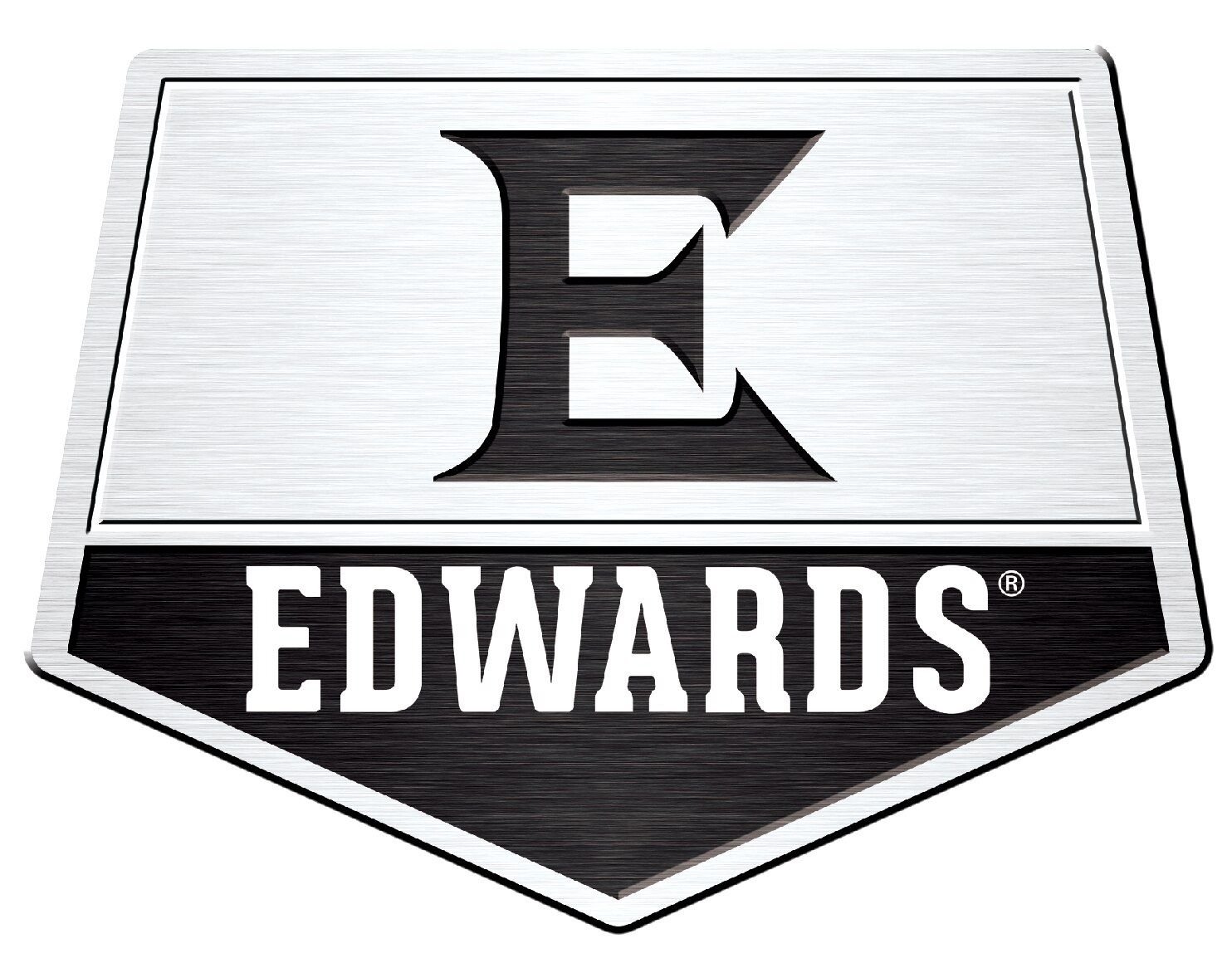 Edwards logo: Silver and black shield with a stylized 