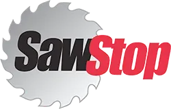 SawStop logo: Silver saw blade behind black 