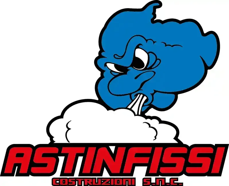 Mascotte a forma di nuvola blu in stile cartone animato sopra il logo rosso e nero di ASTINFISSI Costruzioni Snc