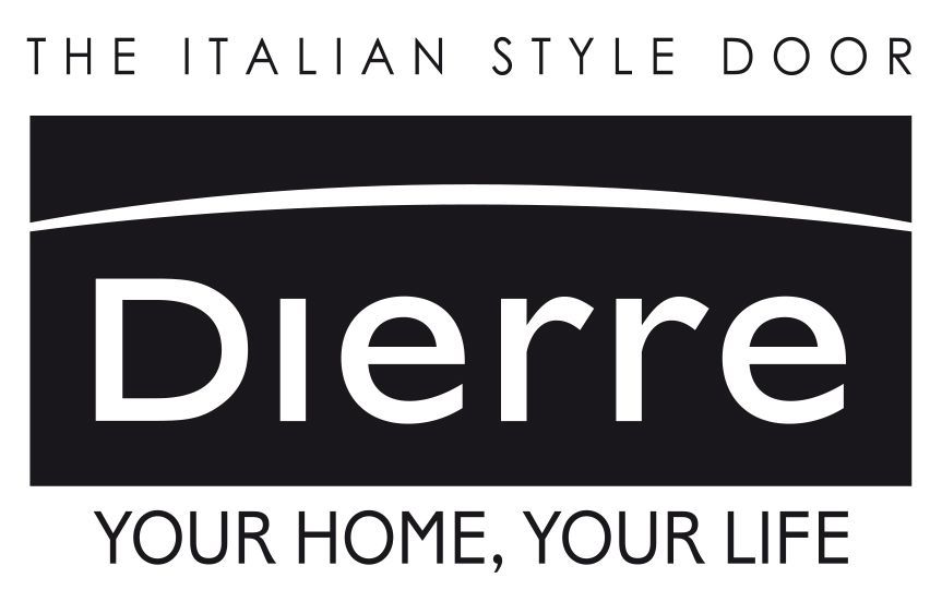 Logo Dierre con la scritta “La porta in stile italiano” e lo slogan “La tua casa, la tua vita” su sfondo bianco e nero.