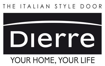 Logo Dierre con le scritte “THE ITALIAN STYLE DOOR” e “YOUR HOME, YOUR LIFE” su sfondo bianco e nero.