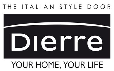 Logo Dierre con le scritte “THE ITALIAN STYLE DOOR” e “YOUR HOME, YOUR LIFE” su sfondo bianco e nero.
