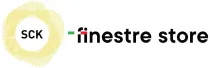 Loghi SCK e Finestre Store su sfondo bianco, con grafica circolare gialla e testo nero.