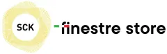 Loghi SCK e Finestre Store su sfondo bianco, con grafica circolare gialla e testo nero.