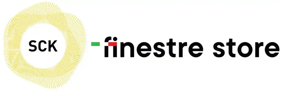 Loghi SCK e Finestre Store con icona circolare gialla e testo nero su sfondo bianco