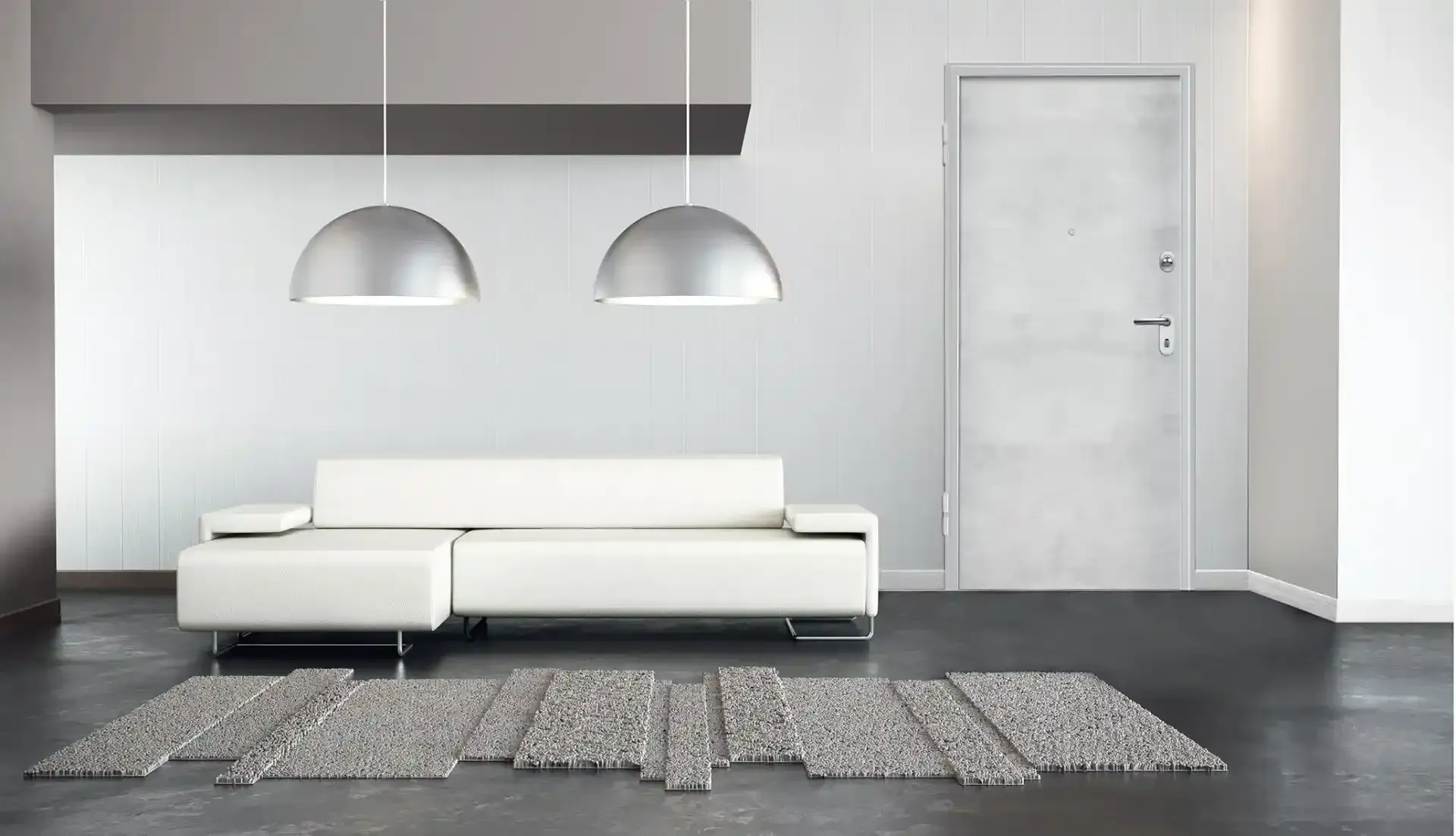 Soggiorno minimalista con divano bianco, due lampade a sospensione, tappeto grigio e porta chiusa.