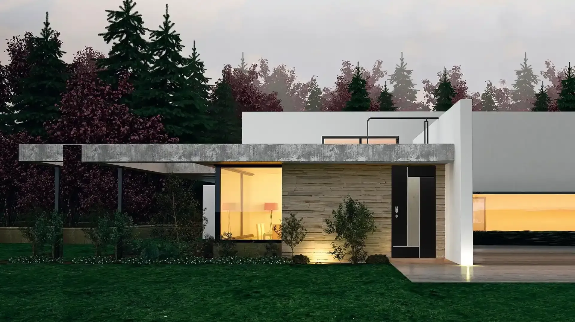 Casa moderna bianca con grandi finestre di vetro che brillano al crepuscolo, circondata da alberi e prato.