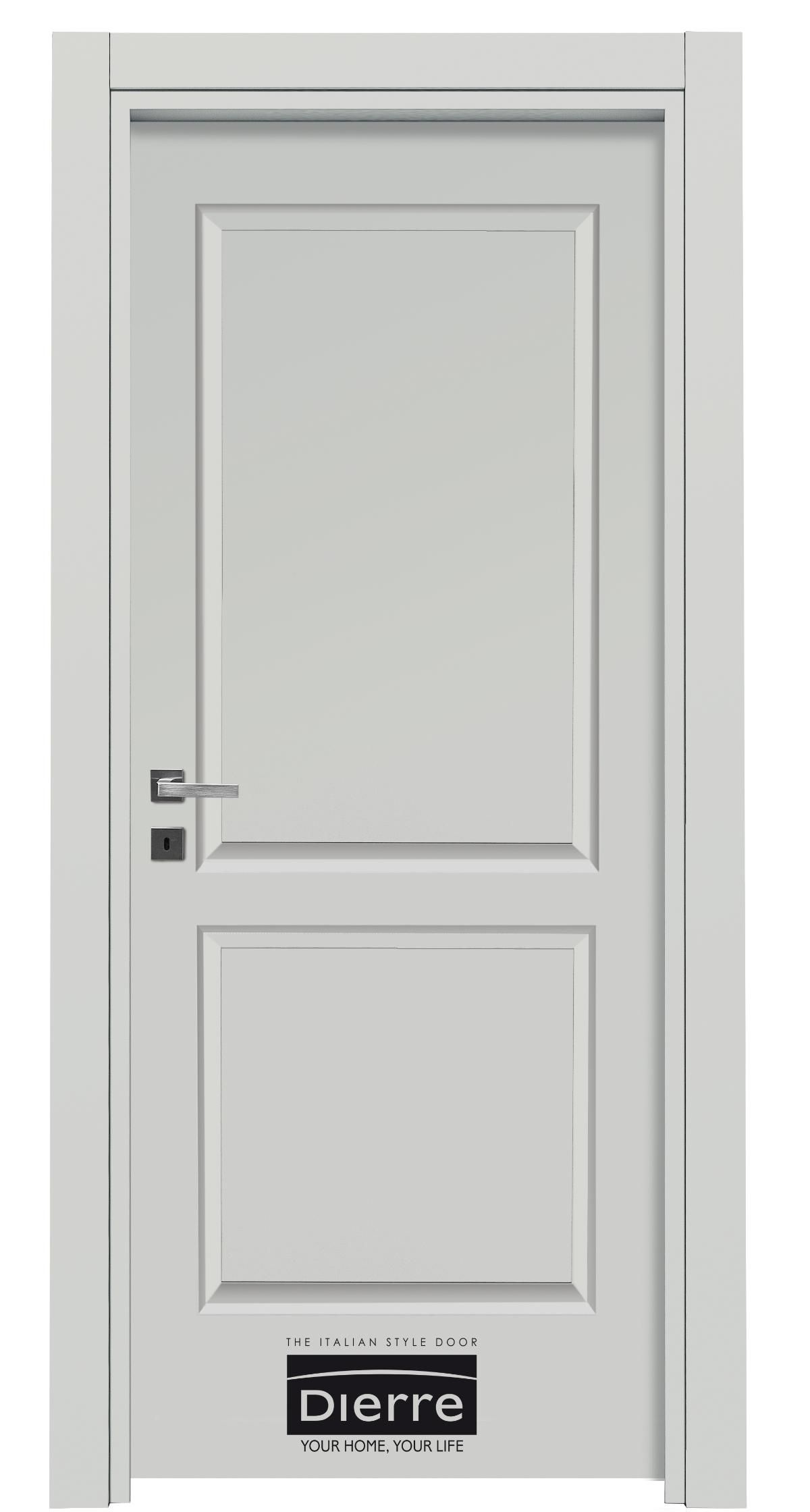 Porta interna con pannelli bianchi, maniglia argentata e piccola etichetta del marchio nella parte inferiore.