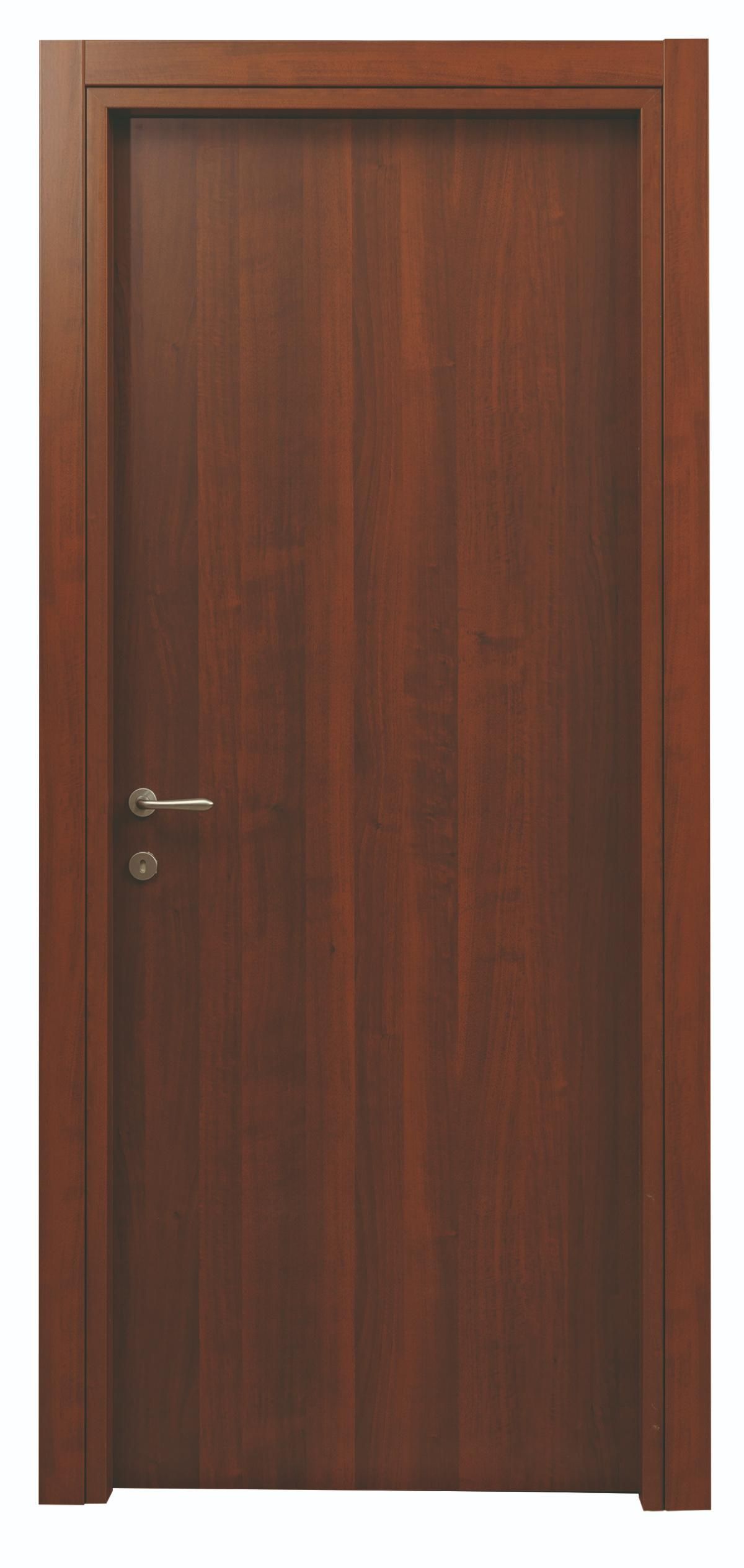 Porta interna in legno chiusa con maniglia argentata e telaio marrone.