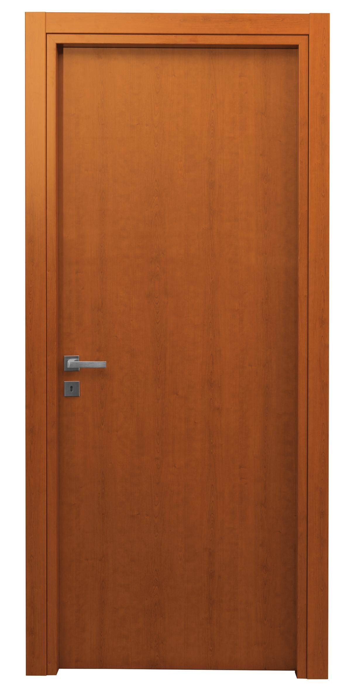 Porta in legno chiusa con maniglia e serratura argentate, incastonata in una cornice di colore chiaro.