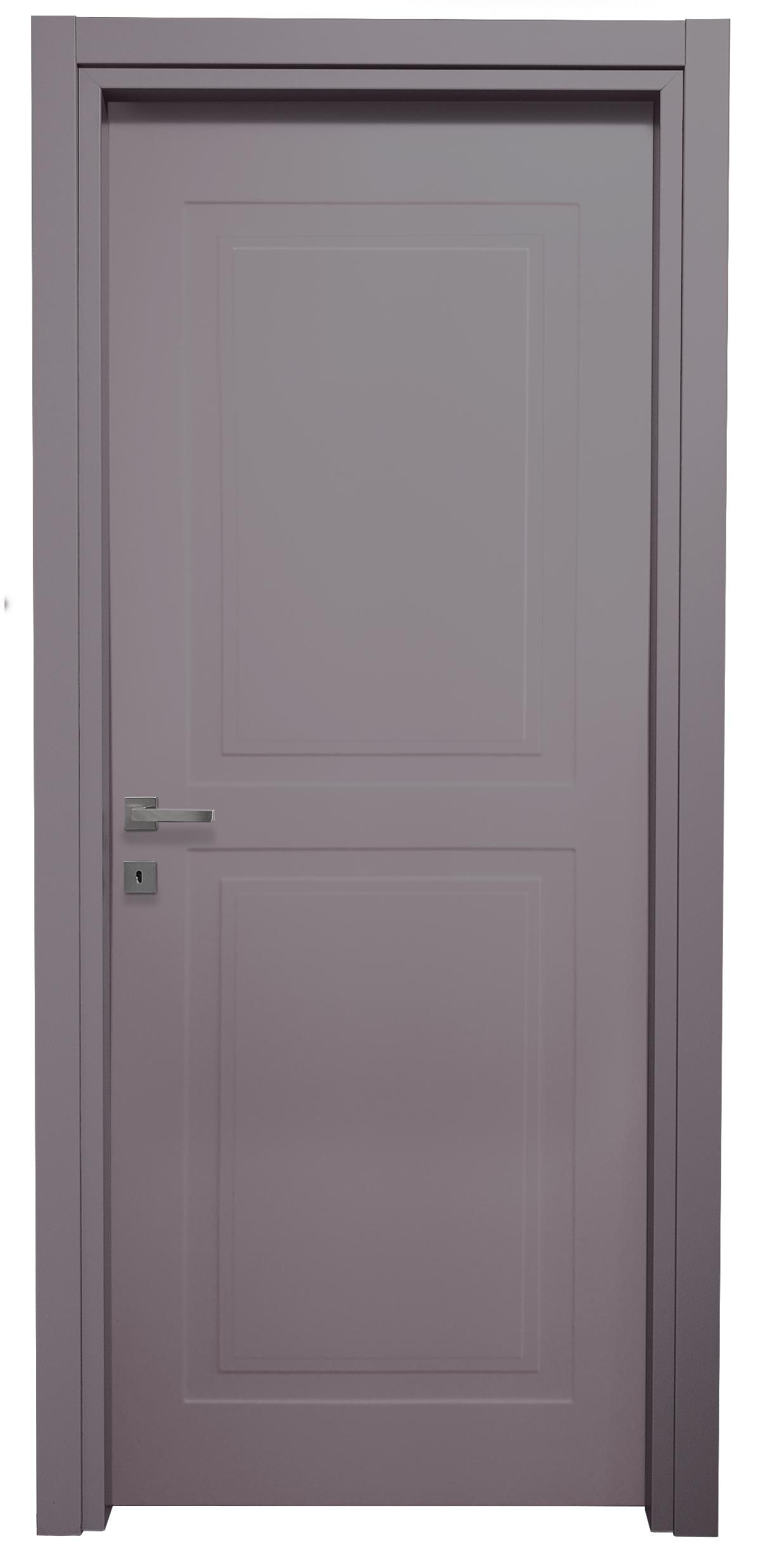 Porta interna chiusa con pannelli grigi, maniglia e telaio argentati.