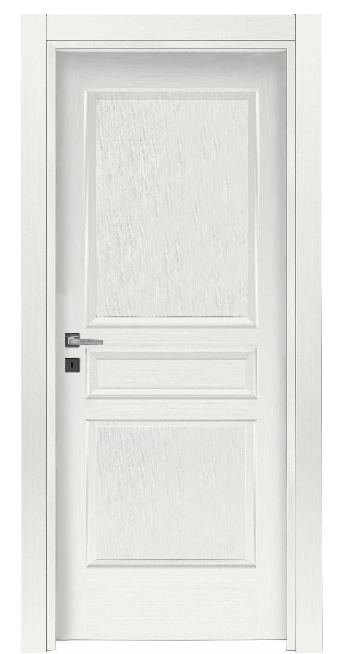 Porta interna a pannelli bianchi con maniglia e telaio argentati.