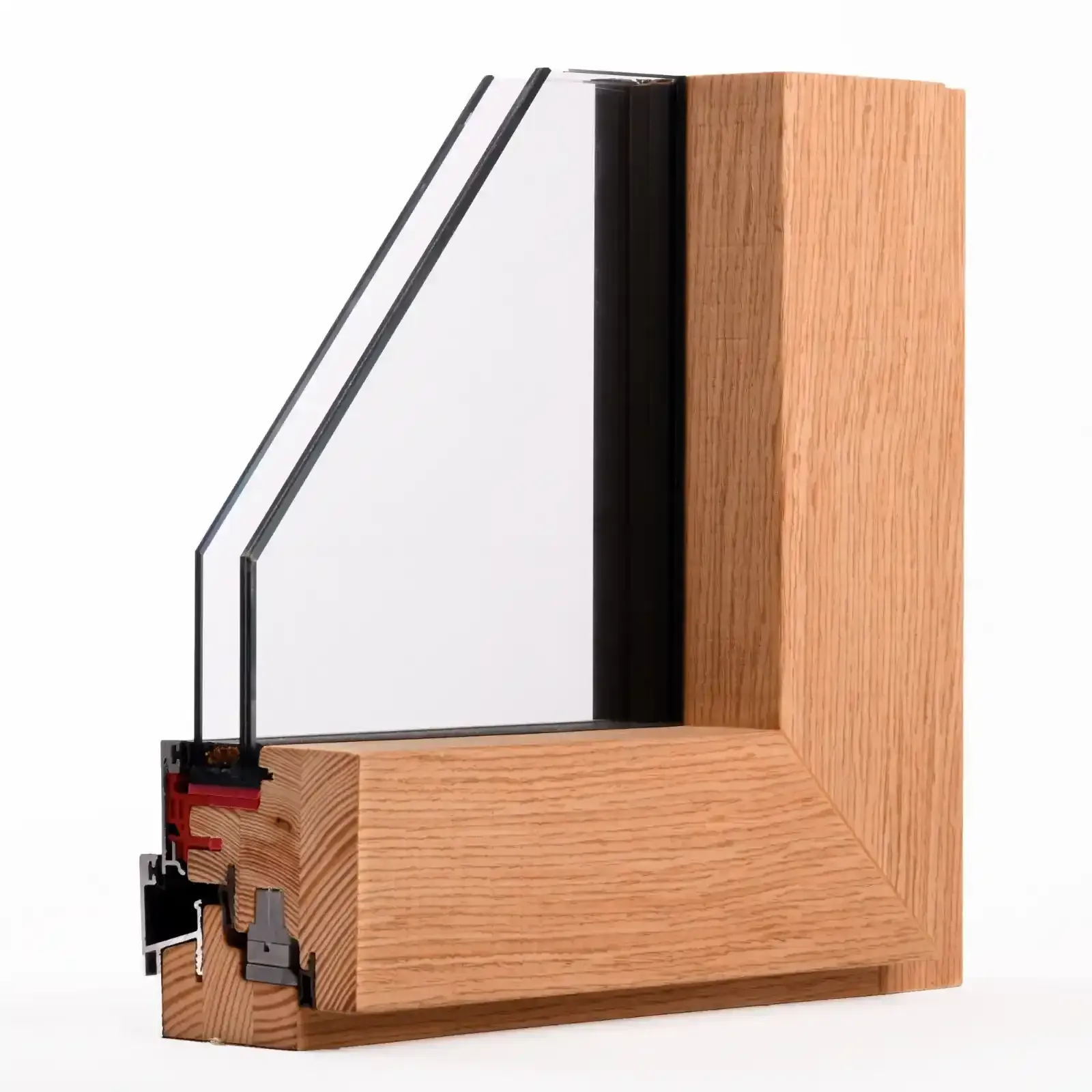 Sezione trasversale di una finestra con telaio in legno, doppi vetri e sigillante nero. Codice paese?