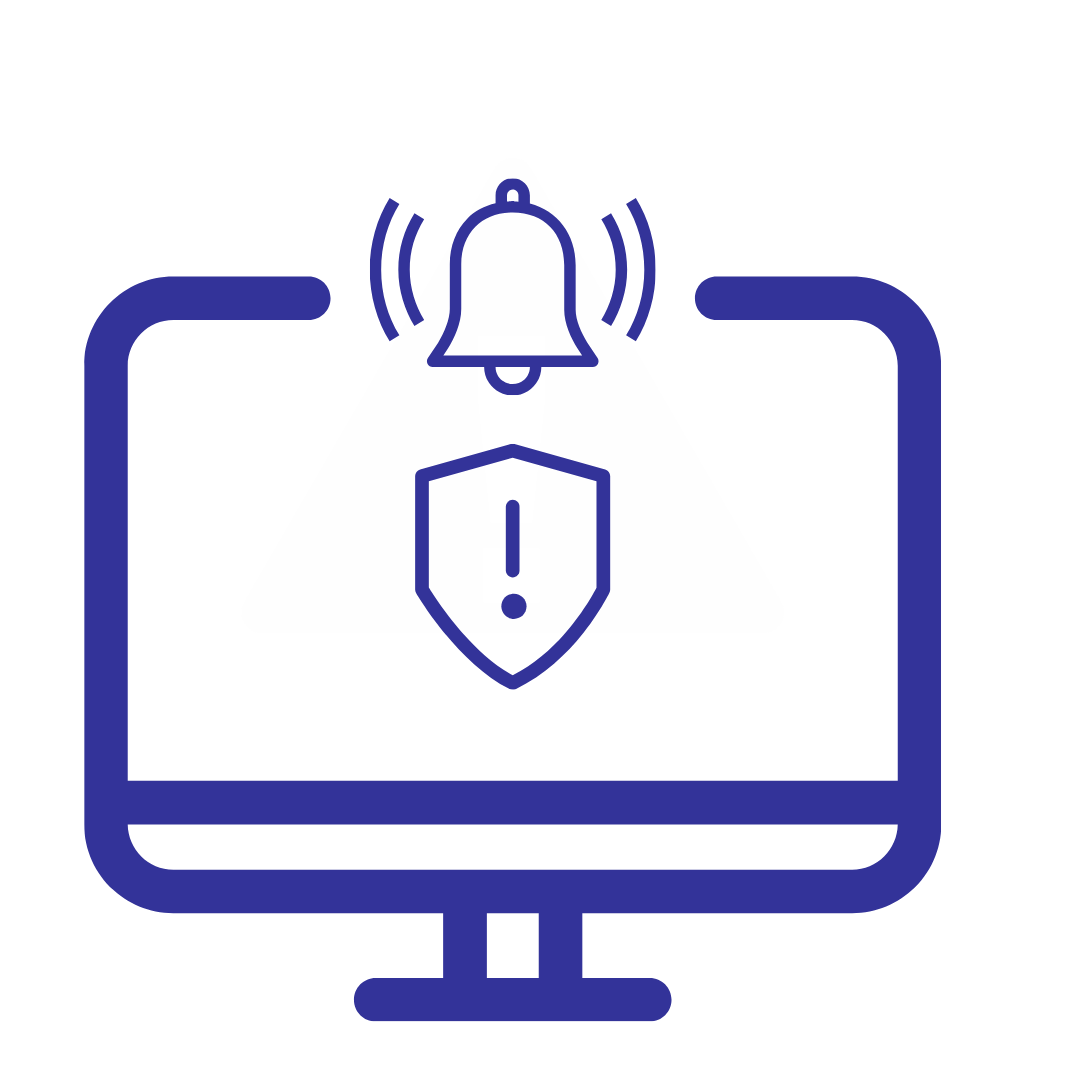 A computer monitor with a shield and a bell on it.