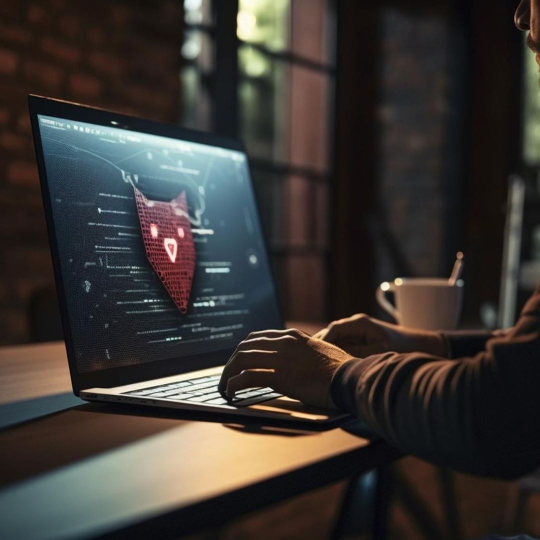 A person is typing on a laptop with a cat on the screen