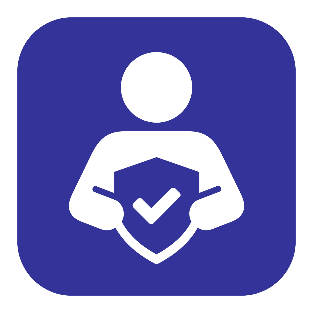 A person is holding a shield with a check mark on it.