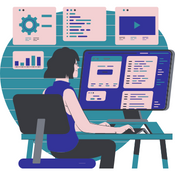 A woman is sitting in front of a computer.
