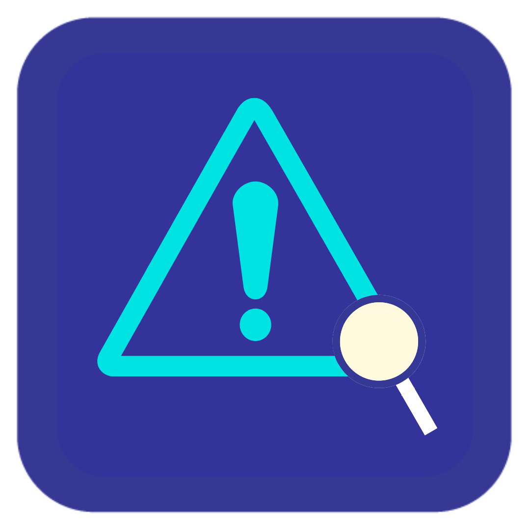 A blue icon with an exclamation point and a magnifying glass.