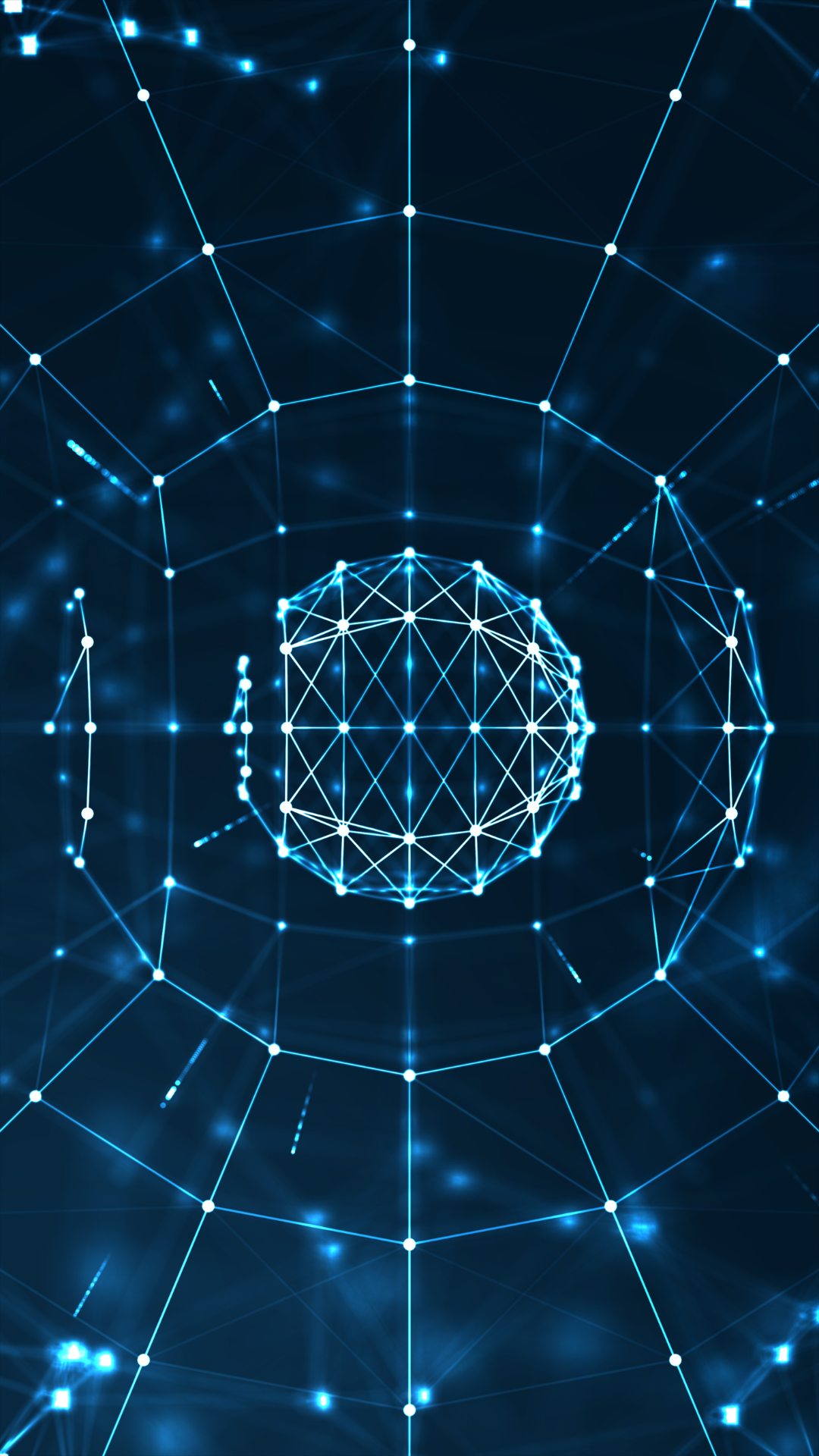 A sphere made of lines and dots on a dark blue background.