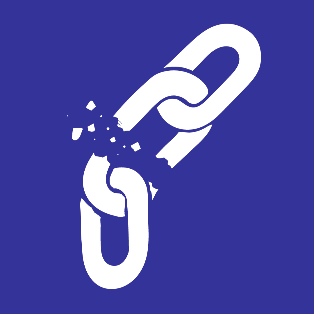 A white icon of a broken chain on a blue background