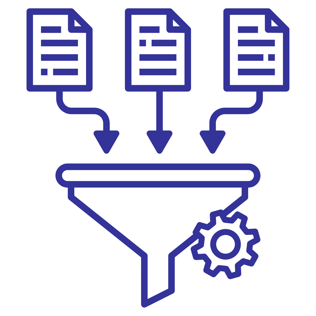 A blue line icon of a funnel with three papers coming out of it.