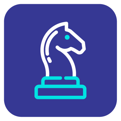 A chess piece with a horse head on a blue background.