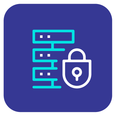 A blue icon with a padlock and a server.