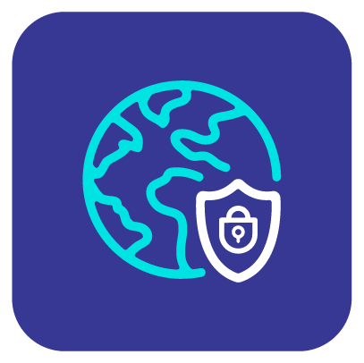 A globe with a shield around it on a blue background.