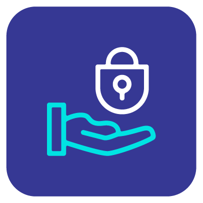 An icon of a hand holding a padlock on a blue background.